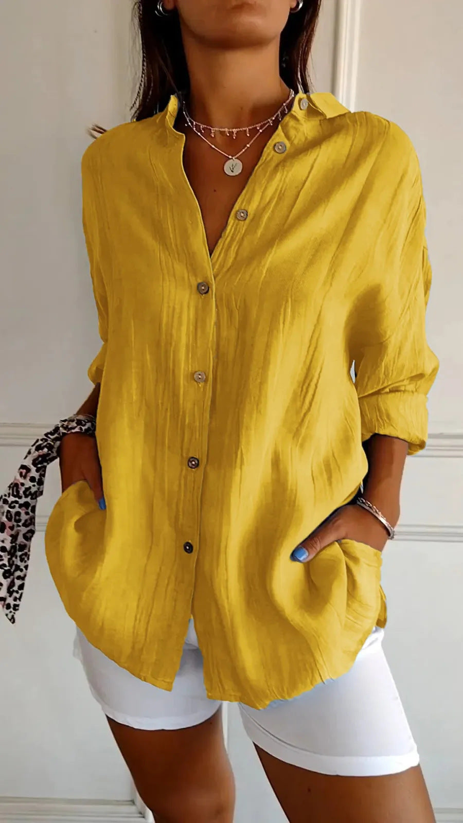 Chemise Plissée Femme à Col Revers
