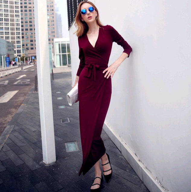 Robe Slim à Col V et Taille Nouée