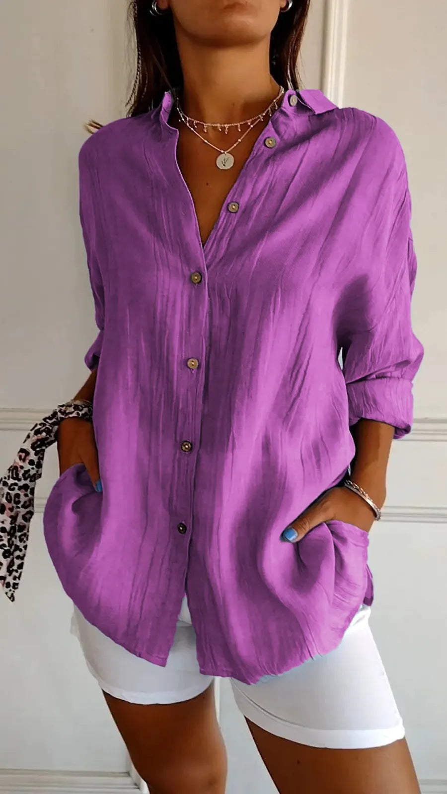 Chemise Plissée Femme à Col Revers