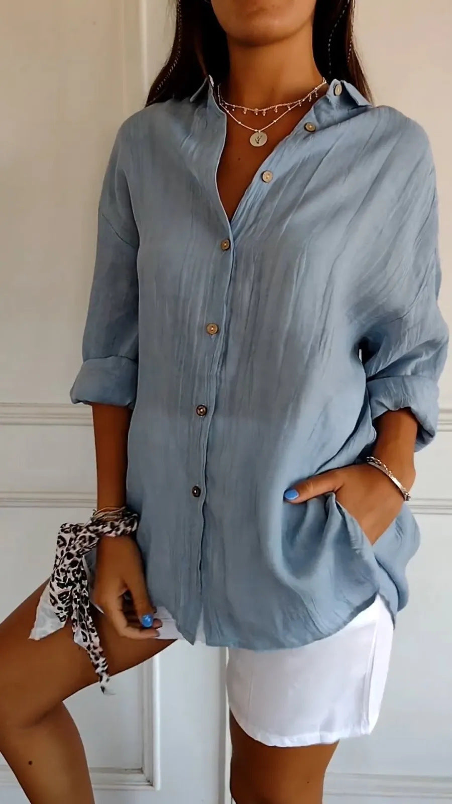 Chemise Plissée Femme à Col Revers