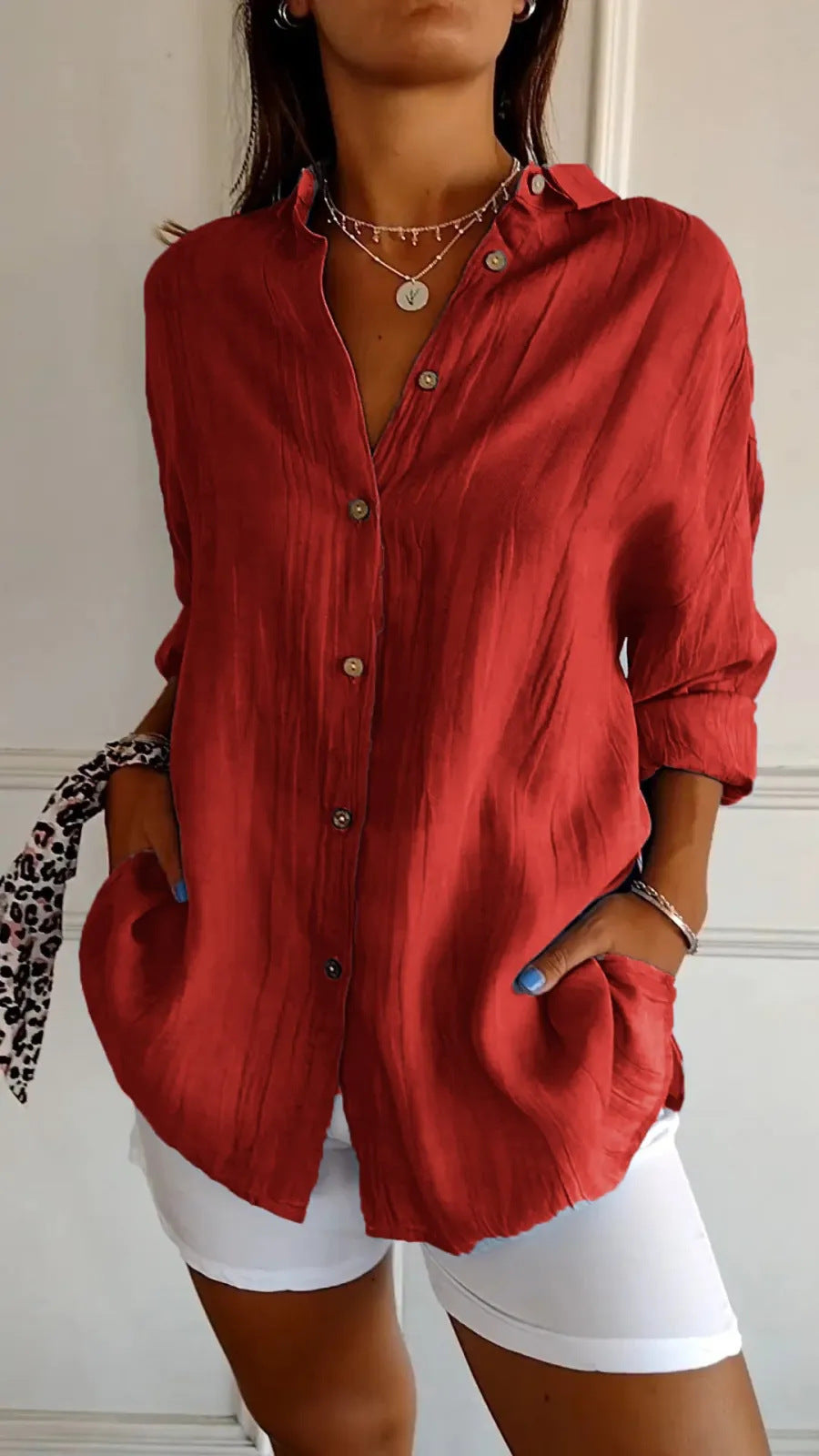 Chemise Plissée Femme à Col Revers