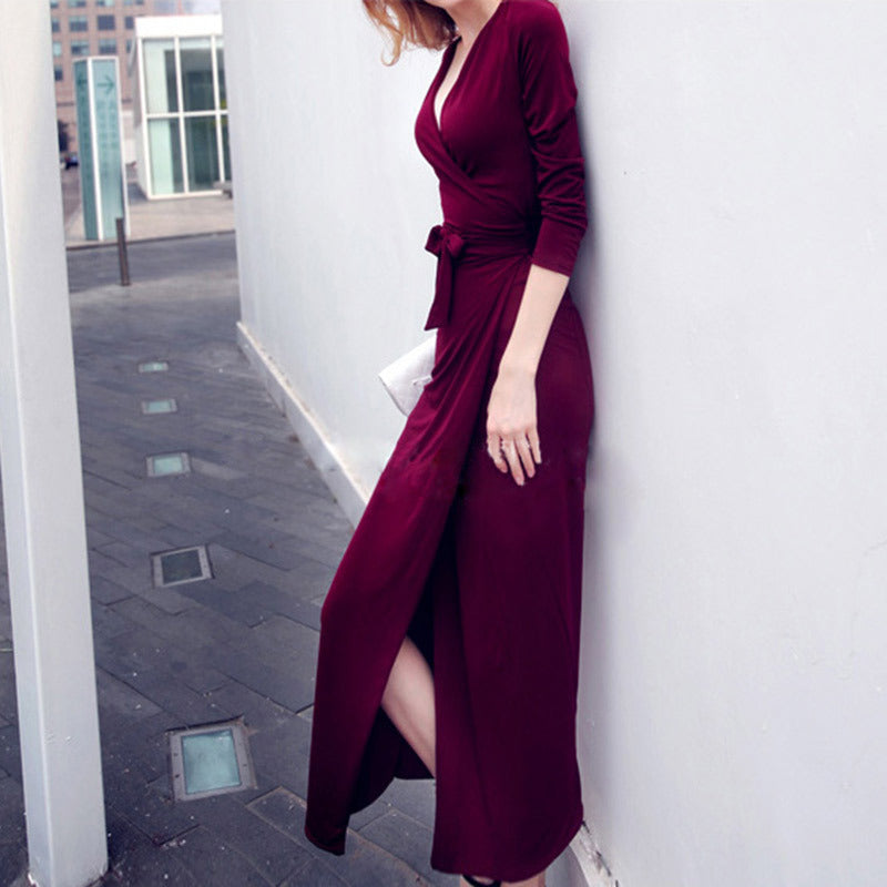 Robe Slim à Col V et Taille Nouée