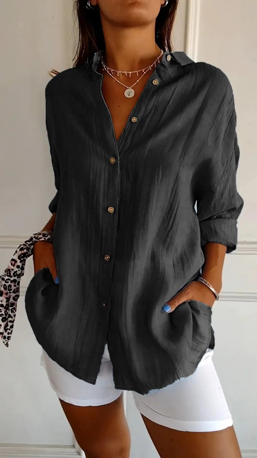 Chemise Plissée Femme à Col Revers