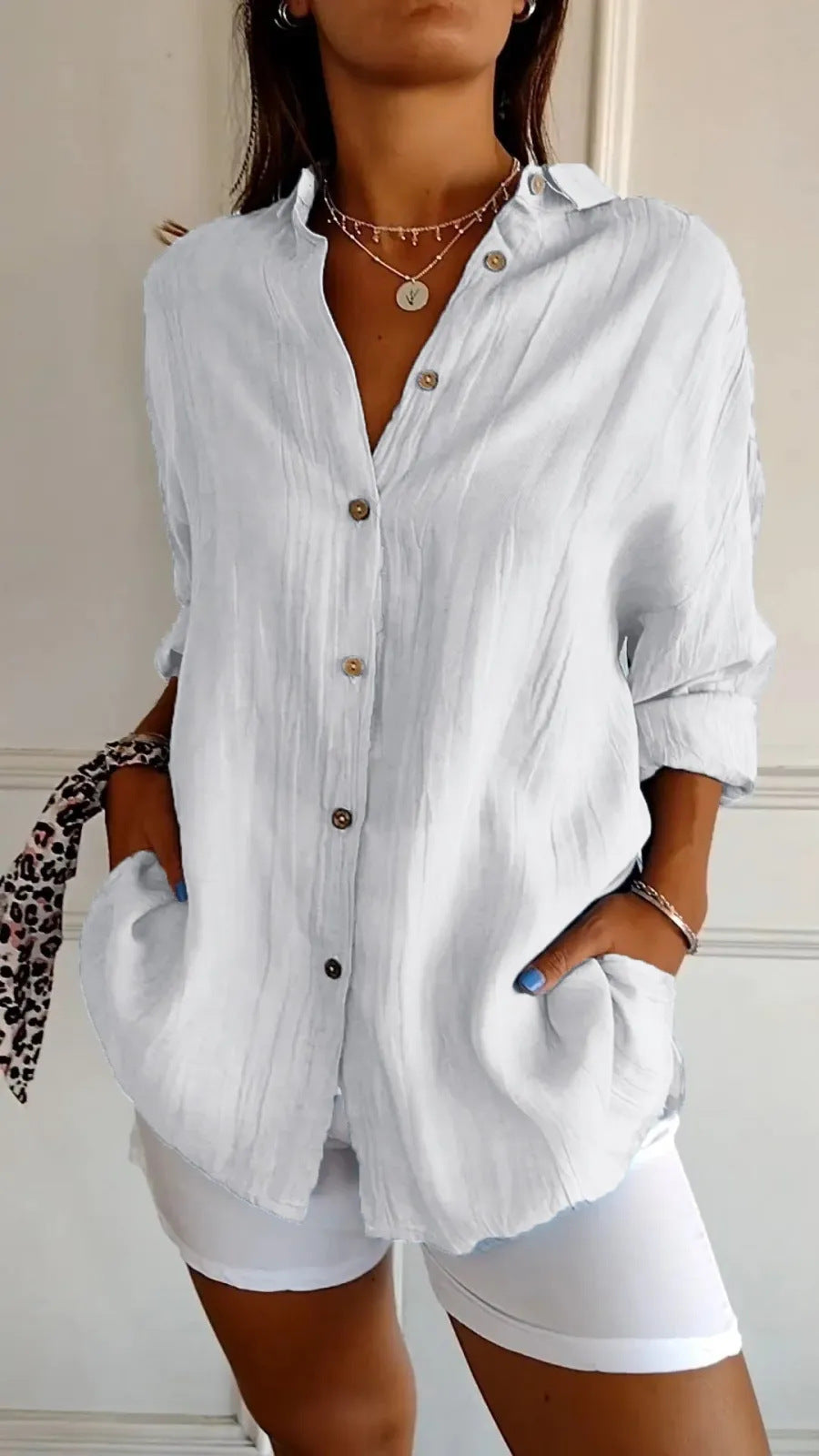 Chemise Plissée Femme à Col Revers
