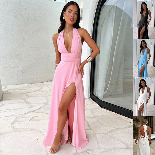 Robe Longue Sexy à Col V & Dos Nu